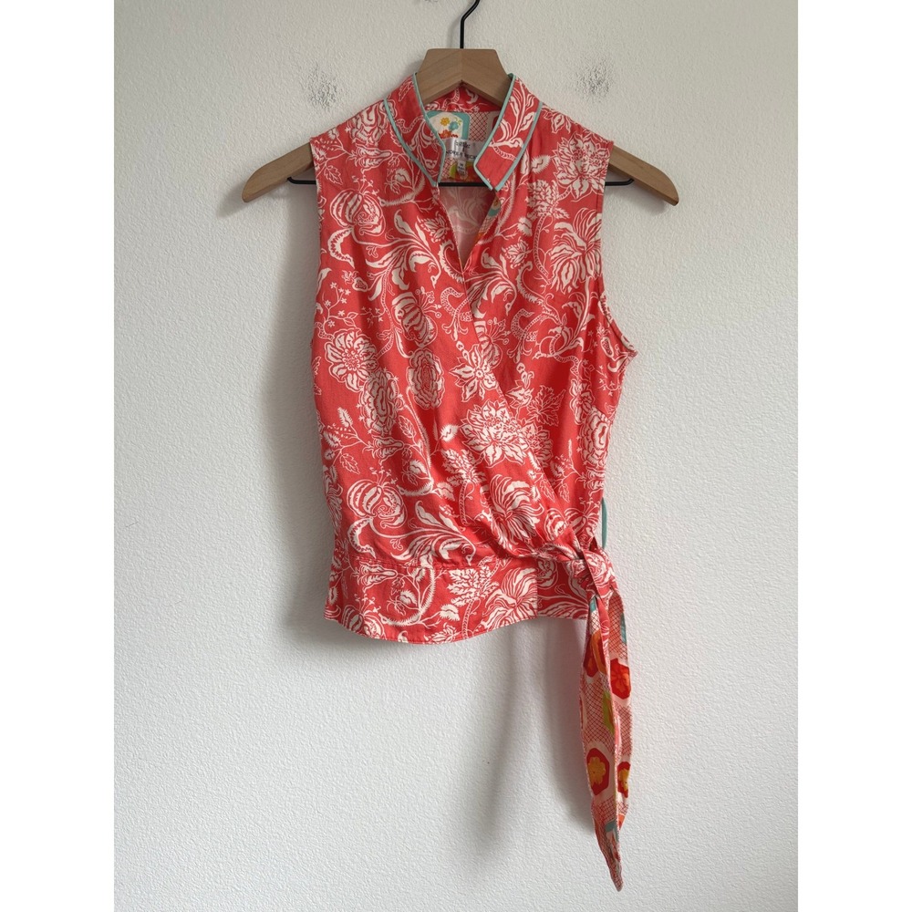 Andrea Becker Coral Paisley Wrap‎ Top Fairy Boho Festival Blouse Y2K Mandarin M